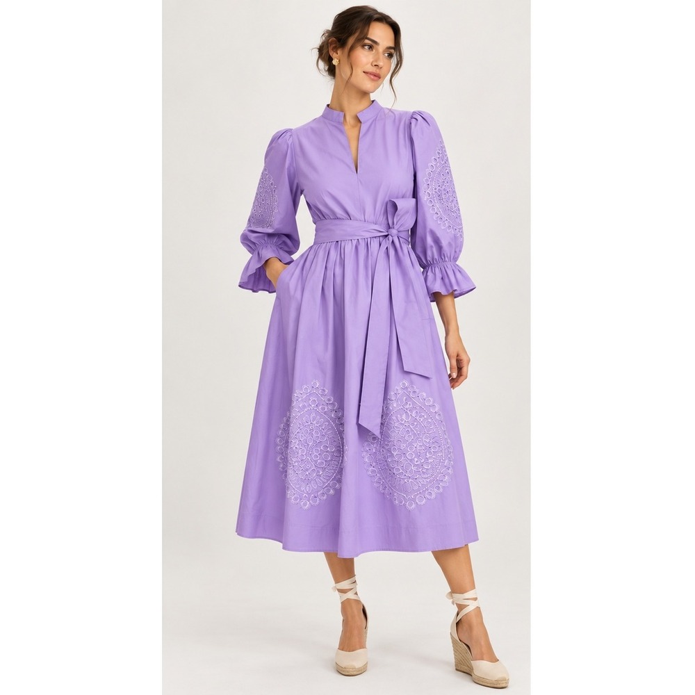 Hyacinth House Tuckernuck Dowling Midi Dress Lavender Embroidered Puff Sleeve